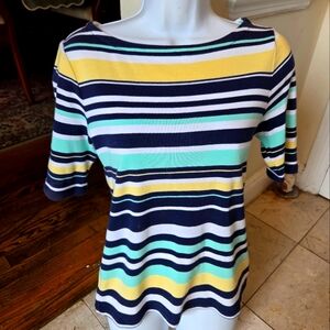 Charter Club Womens Macys XS / S Tee Top  Pullover Cotton Blue Yellow Stripe $45